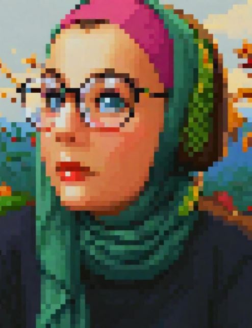 A pixel art portrait of Aliza